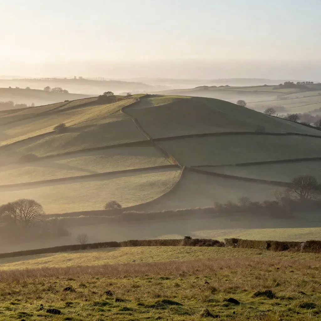 Sunrise over West Midlands ridges with hedgerows, misty valley, and faint city haze