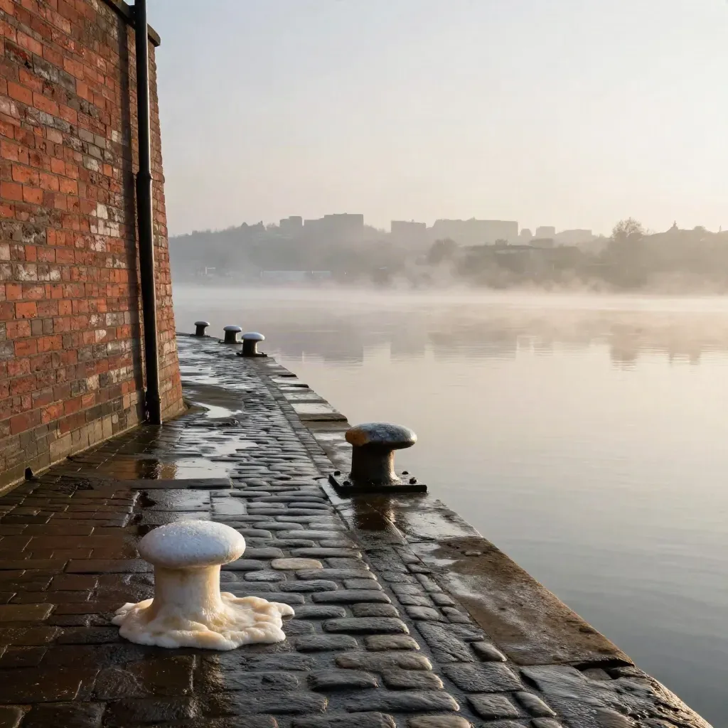 Hazy North West dockside textures with brick, cobbles, posts, and distant skyline