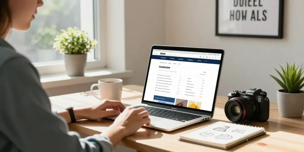 Person buying a domain name at a home office, laptop open to domain registration.