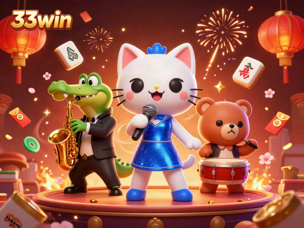 Experience vibrant entertainment at 33win with jazz charm in a colorful casino scene.