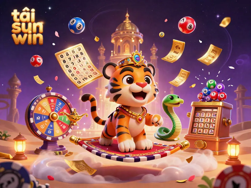 Experience the thrill of tải sun win with an Arabian Nights-themed illustration showcasing vibrant casino elements.