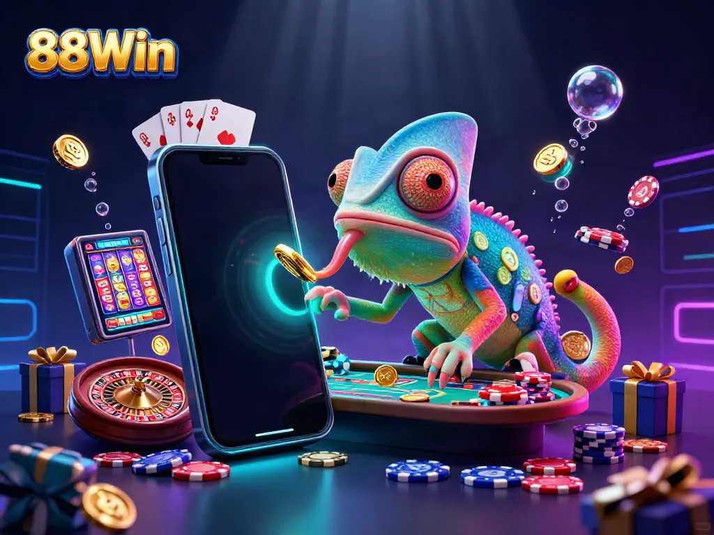 Experience the thrill of 88Win with an animated chameleon casino owner surrounded by vibrant game elements.