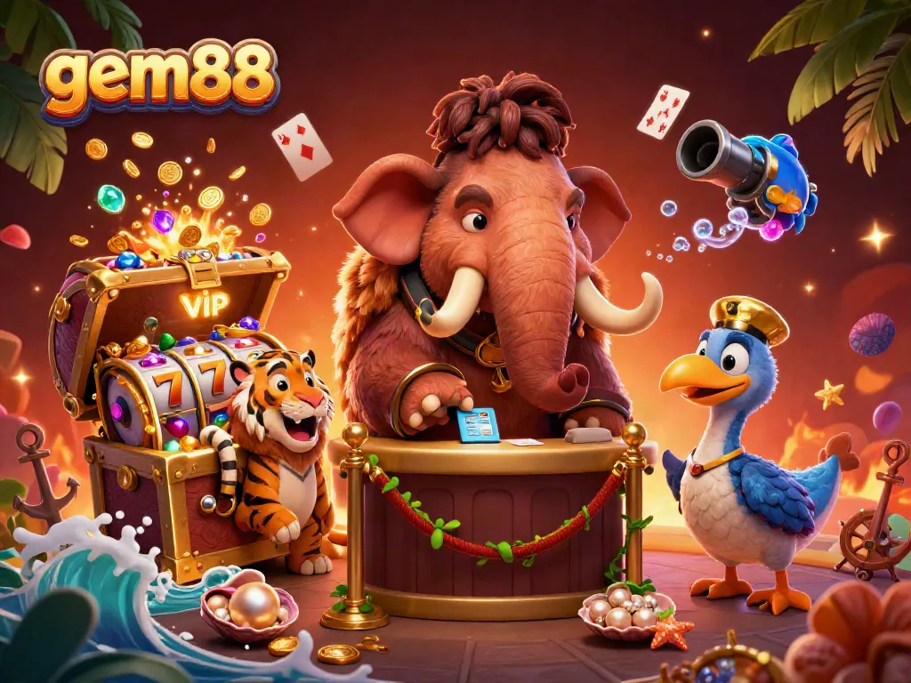 Experience thrilling gaming at gem88 with vibrant characters and casino elements in a dynamic scene.