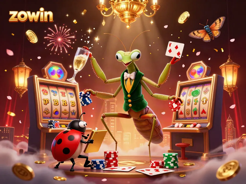 Experience the thrill of zowin gaming with a lively illustration of a mantis dealer amidst vibrant casino elements.