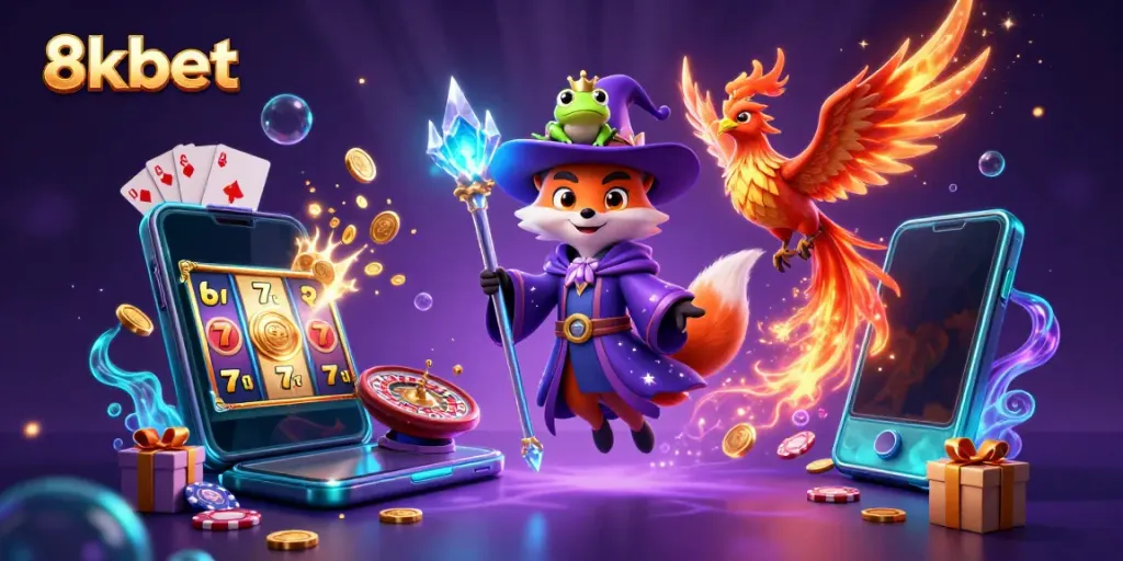 Engage with 8kbet's vibrant casino world through a magical 3D illustration