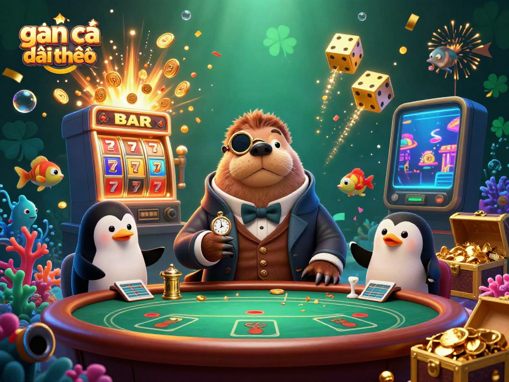 Engaging scene of game bắn cá đổi thưởng showcasing sea creatures and characters in an underwater casino setting.