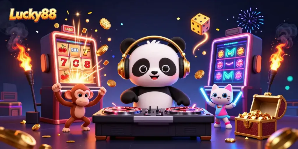 Experience jackpot excitement with Lucky88 as DJ panda and friends celebrate wins in a vibrant casino scene.