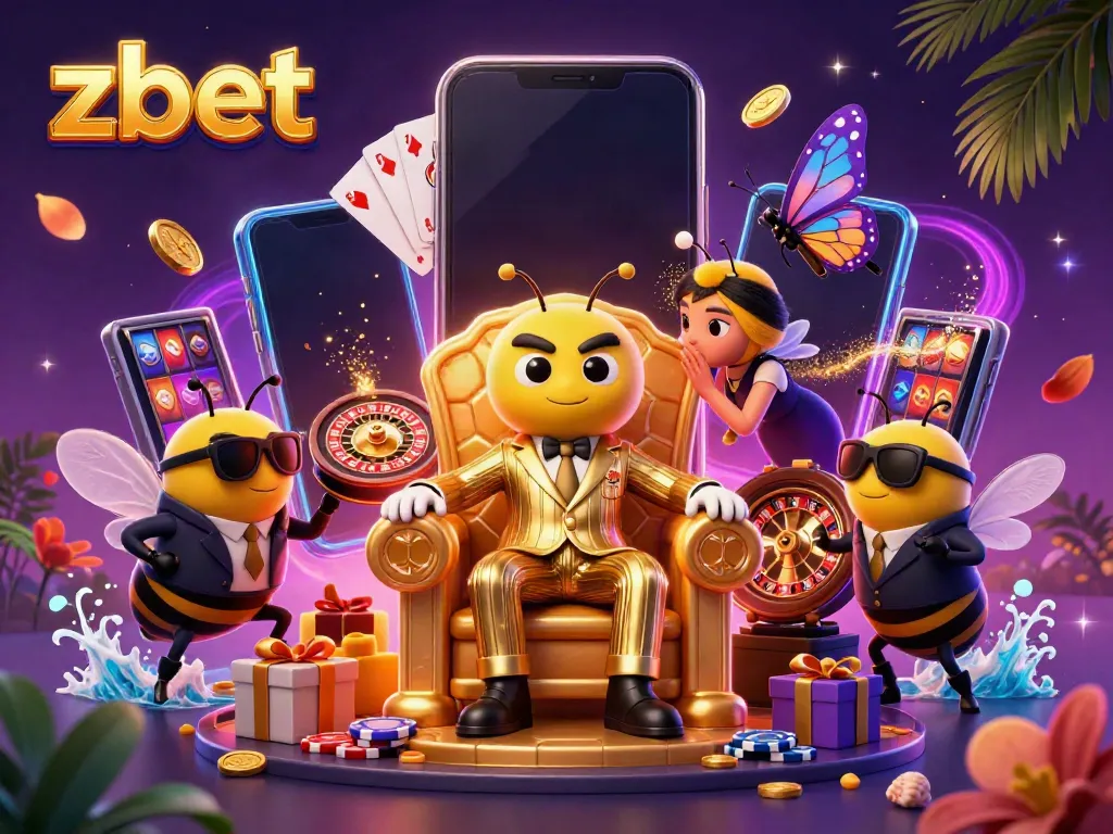 Experience thrilling gaming at zbet with a vibrant scene of colorful slot games and an animated casino setting.