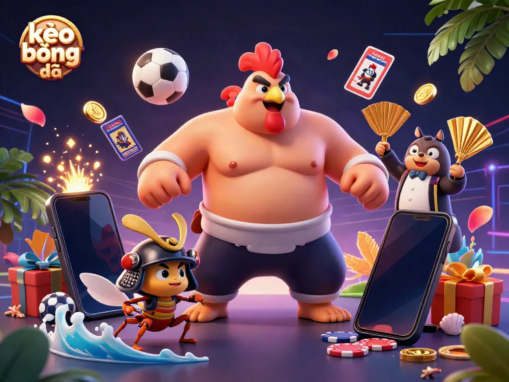 Engage in kèo bóng đá action with dynamic sports characters and betting elements.