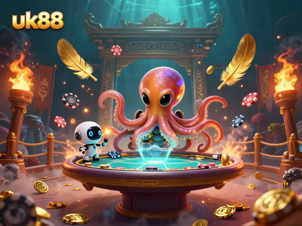 Engage in thrilling gambling action with uk88 as an alien octopus and robot play poker surrounded by vibrant casino elements.