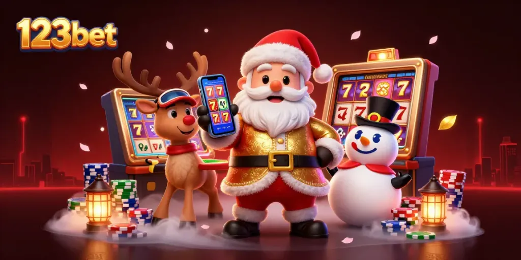 Spin slot reels with 123bet's festive characters in a vibrant casino atmosphere, showcasing excitement.