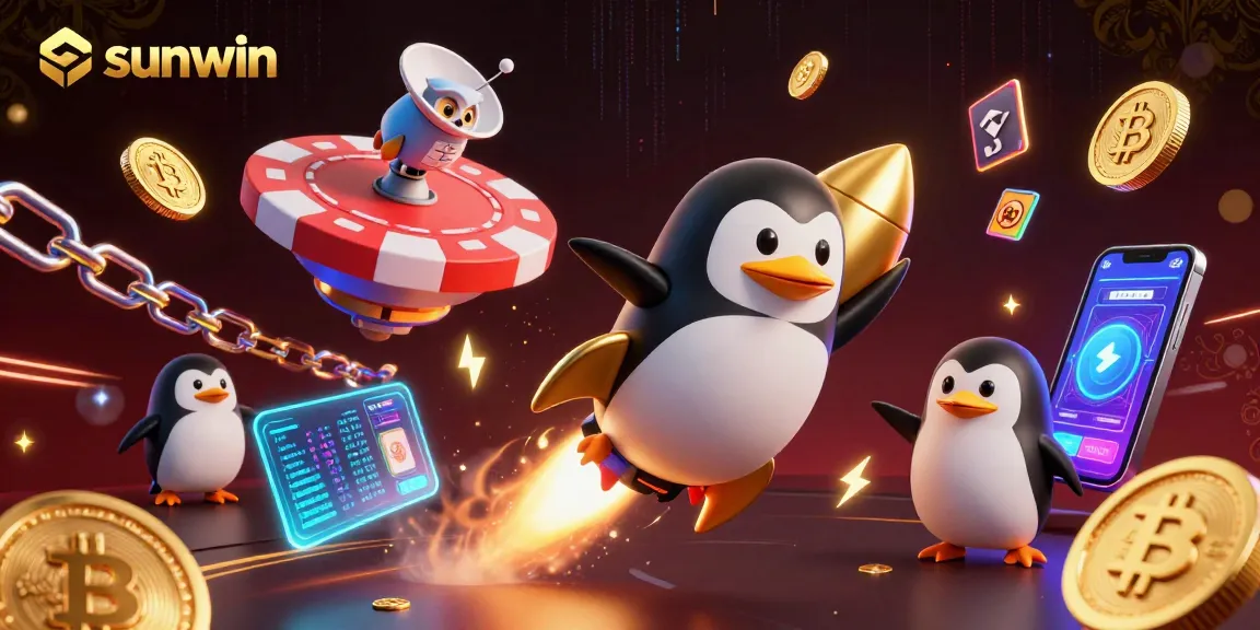 Experience thrilling gameplay at sunwin with a rocket-powered penguin amidst vibrant casino graphics.