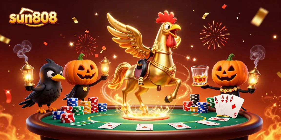 Experience thrilling wins at sun808 with a golden rooster in a vibrant casino filled with poker action.