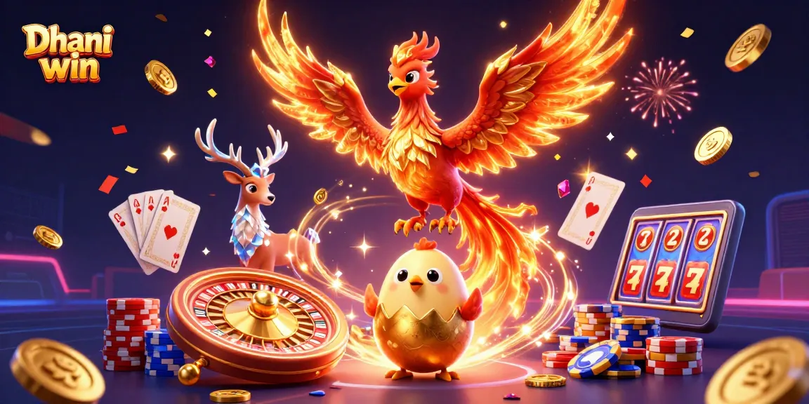 Dhani win showcases thrilling games with vibrant phoenixes, gold coins, and casino elements.