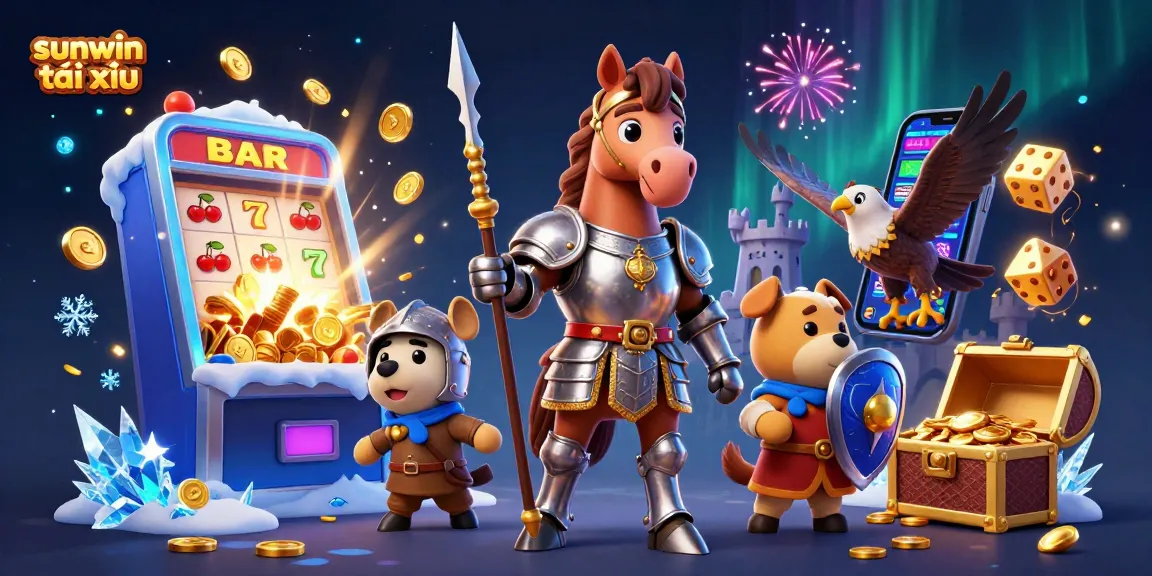 Win big with sunwin tài xỉu as a knight, puppy, and falcon celebrate in a vibrant casino scene.
