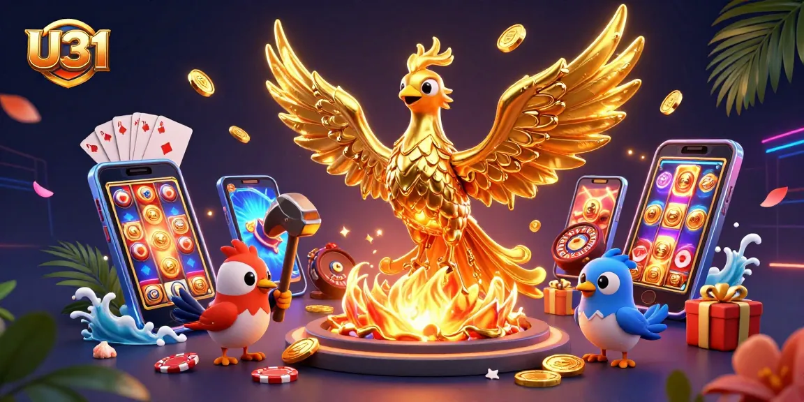 Experience the vibrant gaming world of U31 with our dynamic casino illustration featuring a molten gold phoenix.