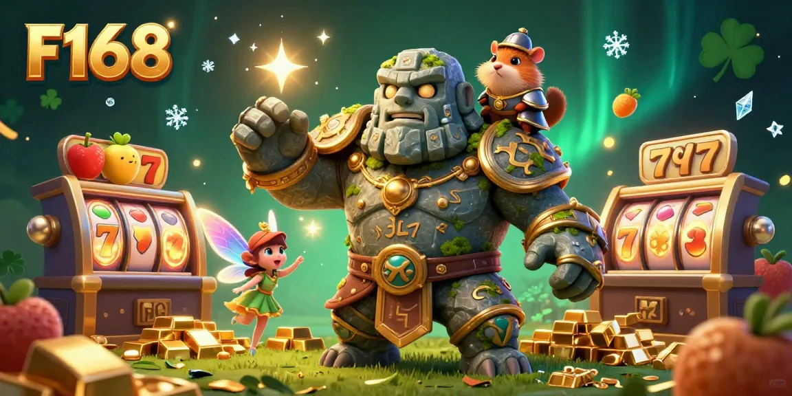 Engage with F168's vibrant casino experience featuring a golem, fairy, and hamster knight amidst a flood of treasures.