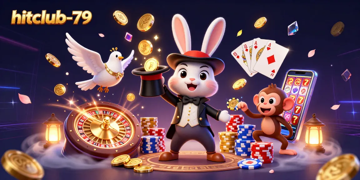 Experience excitement with hitclub-79 as a magician rabbit pulls coins in a lively casino scene.