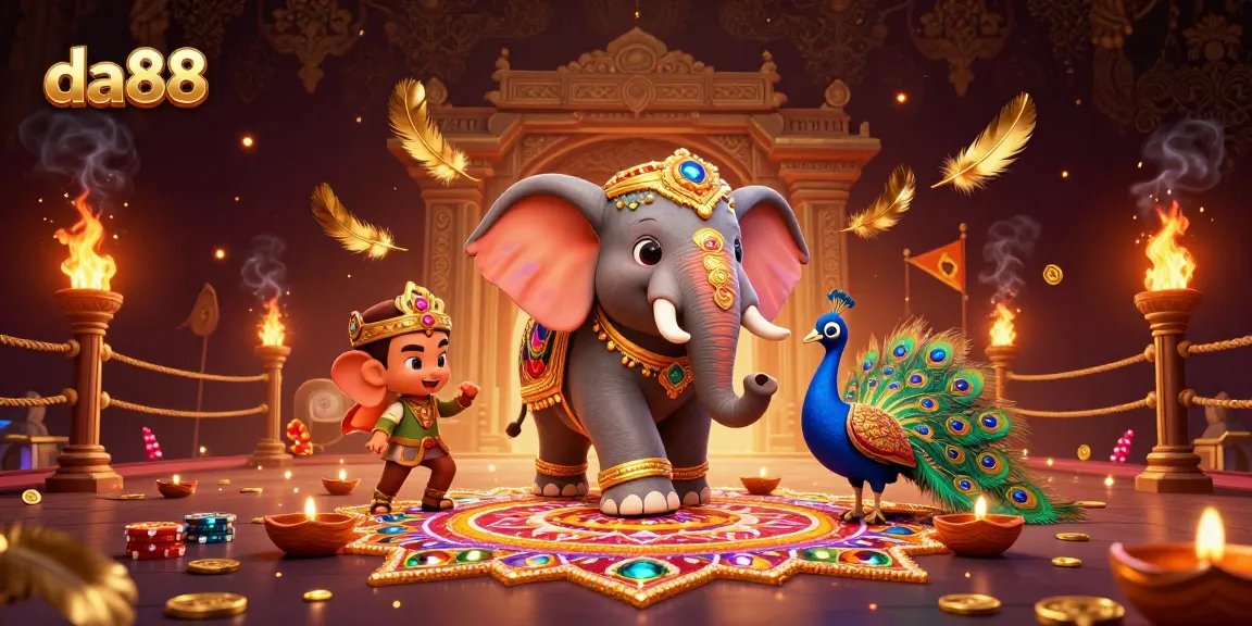 Engage with da88's vibrant world showcasing a Diwali-themed elephant and peacock in a bustling casino.