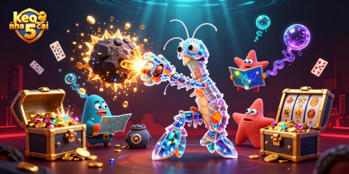 A galactic samurai mantis shrimp punches through an asteroid, scattering gems, alongside a starfish navigator, promoting keo nha cai 5's exciting casino action.
