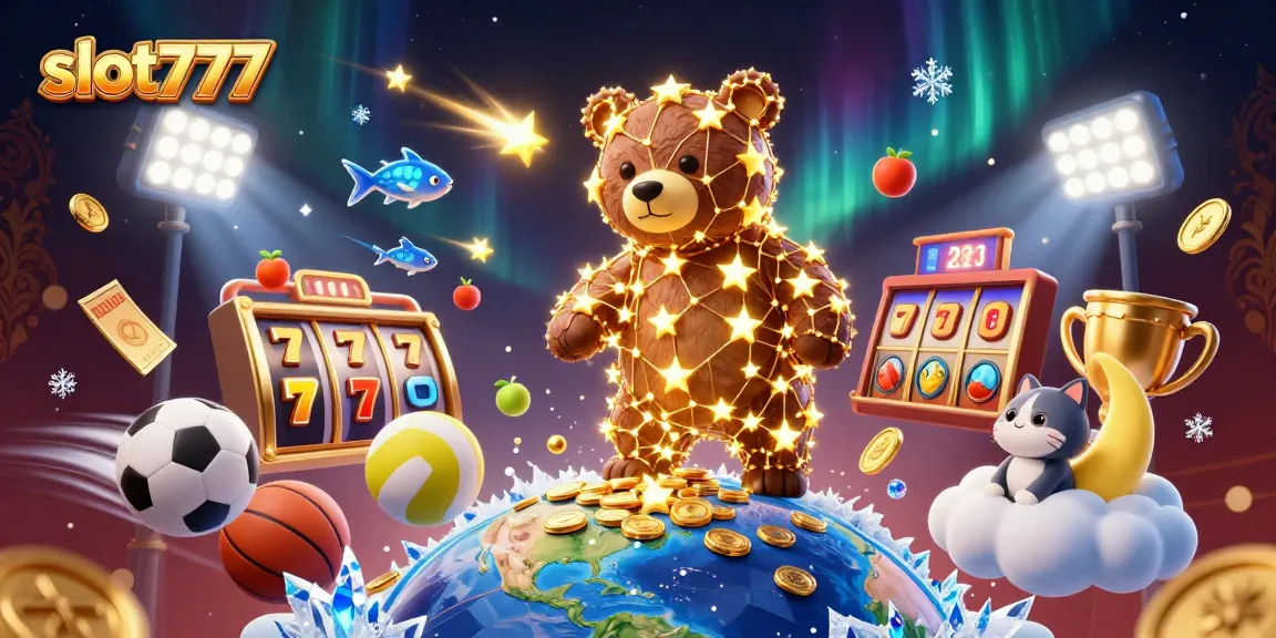 Engage with slot777 as a dazzling 3D bear scoops coins amidst dynamic slots and vibrant game elements.
