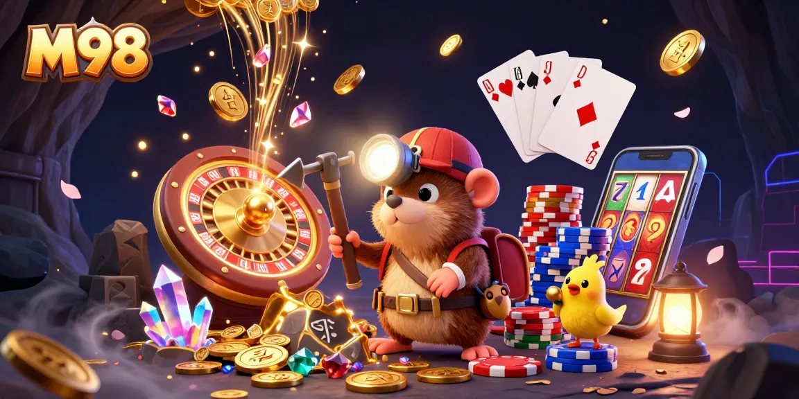 M98's thrilling treasure hunt features a mole, canary, and cascading gems in a vibrant casino scene.
