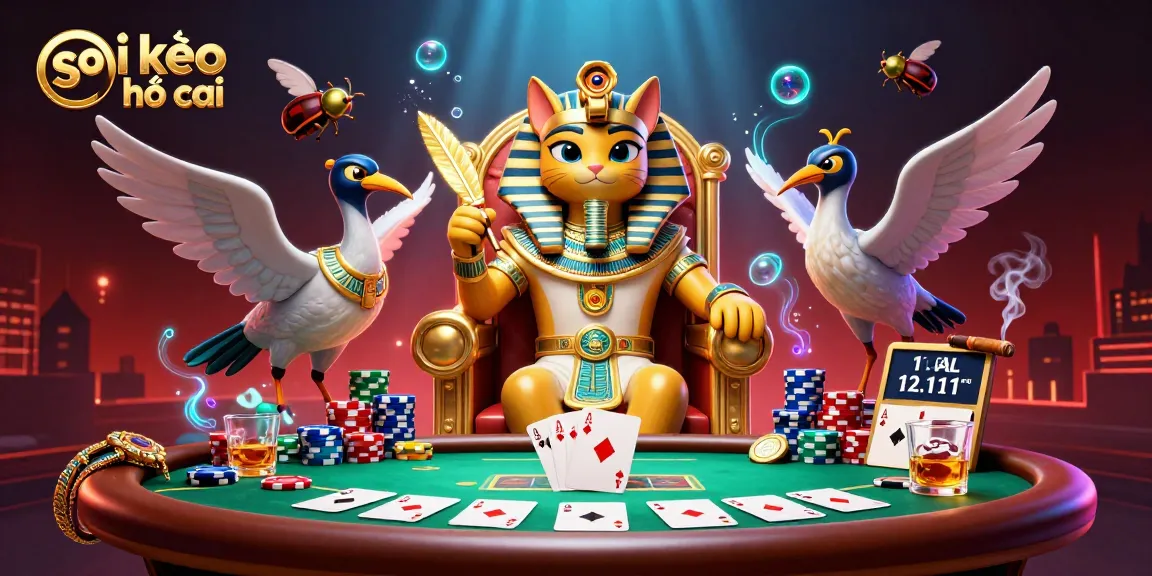 Experience the thrill of soi kèo nhà cái with a captivating 3D scene featuring a pharaoh cat and poker elements.